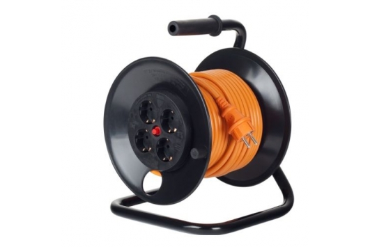 Derulator cu 4 prize schuko, termosiguranta, cadru metalic, IP20, cordon HO5VV-F 3x2.5mmp, 25m, Portocaliu, Bachmann