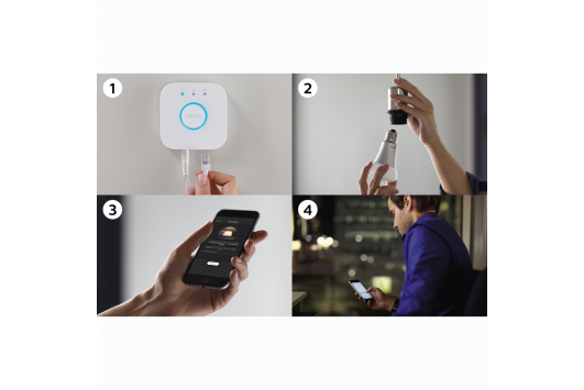 Pachet 3 becuri inteligente LED Philips Hue Starter, E27, 9W (60W), 806 lm, lumina alba + Bridge si Variator, 8718696728987