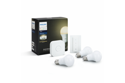 Pachet 3 becuri inteligente LED Philips Hue Starter, E27, 9W (60W), 806 lm, lumina alba + Bridge si Variator, 8718696728987