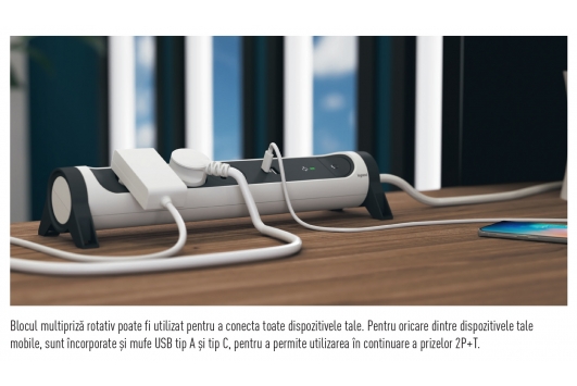 Bloc Multipriza Mobil Premium Rotativ 6x2P+T cu Intrerupator alb-negru