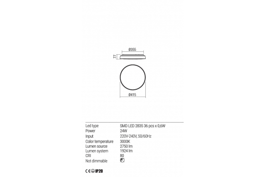 Plafoniera led Erie, 24W, 3000k, , 1924lm, alb mat