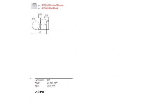 Plafoniera Redo Talis, negru mat, sticla, 2XE27, H.40 cm