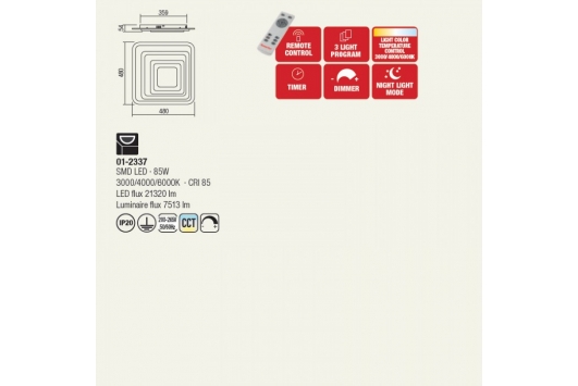 Plafoniera Redo Stratos, alb mat, telecomanda, LED, 85W, 3000K-4500K-6500K, 7513 lumeni