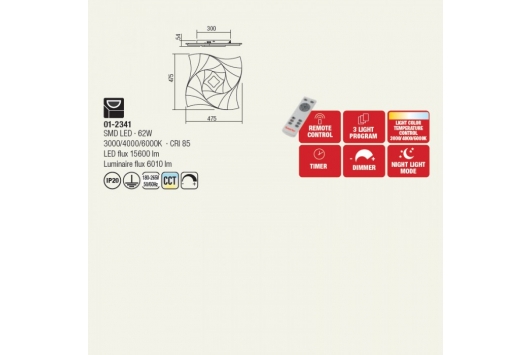 Plafoniera Redo Stratos, alb mat, telecomanda, LED, 62W, 3000K-4500K-6500K, 6010 lumeni