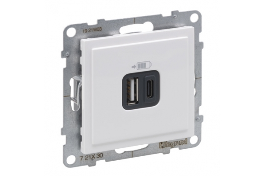 Priza dubla cu incarcare USB, tip A+C, alb, Legrand New Suno