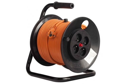 Derulator cu 4 prize Schuko, protectie copii, termosiguranta, cadru metalic, cordon HO5VV-F 3x2.5mmp, 50m, Portocaliu, Bachmann